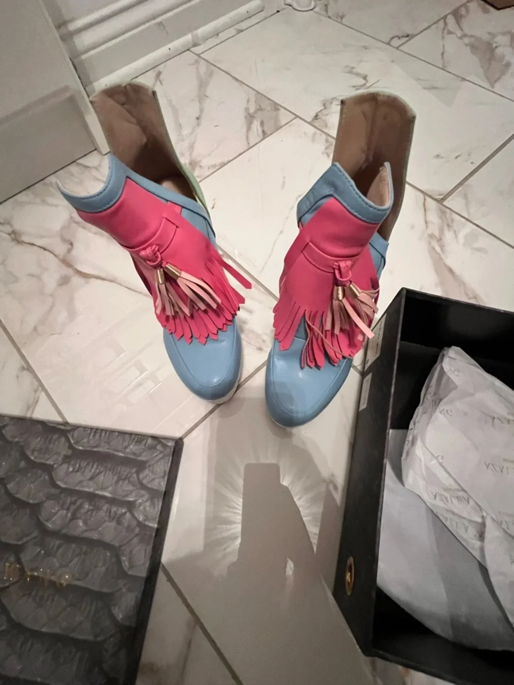 White Platform Heeled Sandals with Blue and Pink Accents